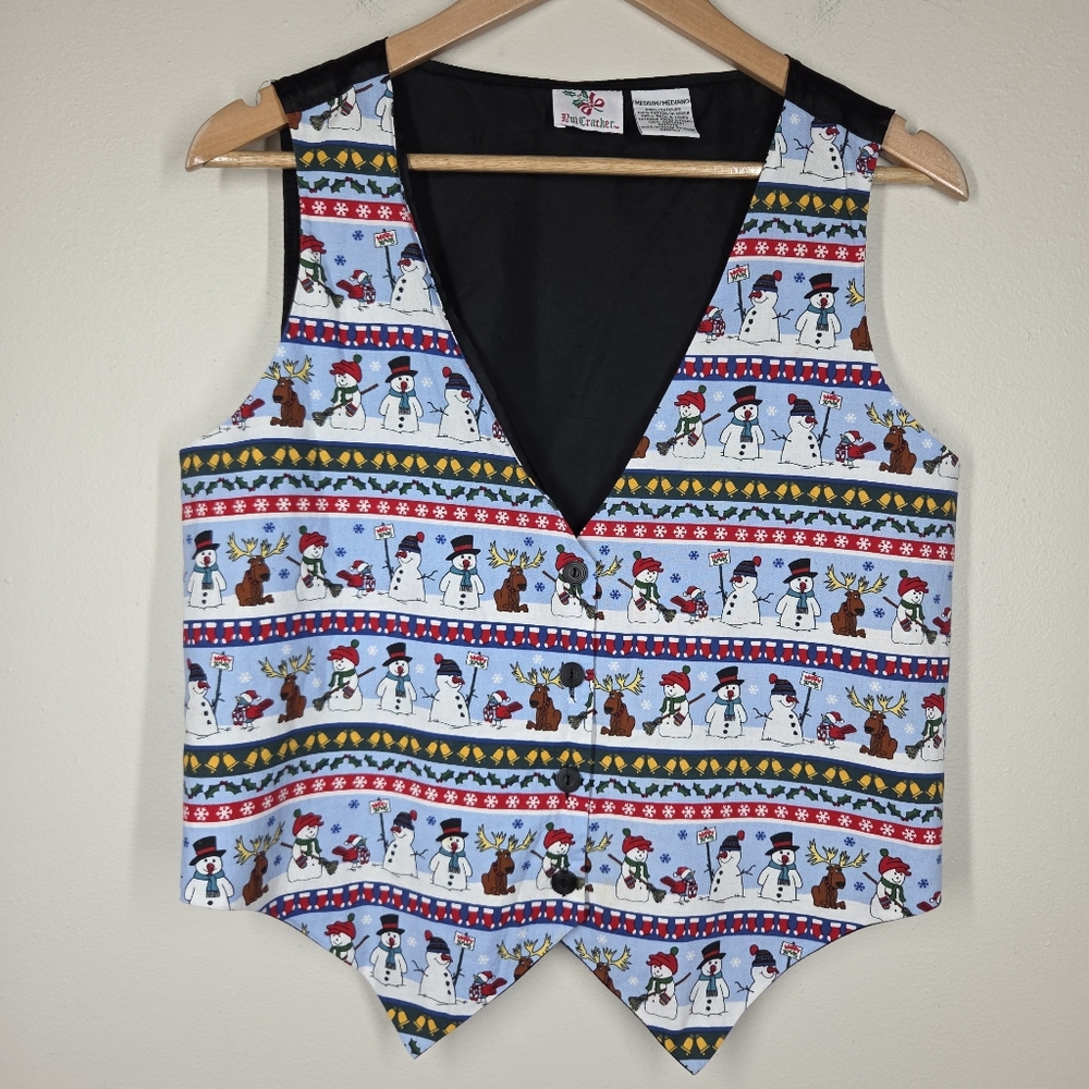 Vtg 90s Y2K Nutcracker Christmas Holiday Snowman Reindeer Striped Vest Medium